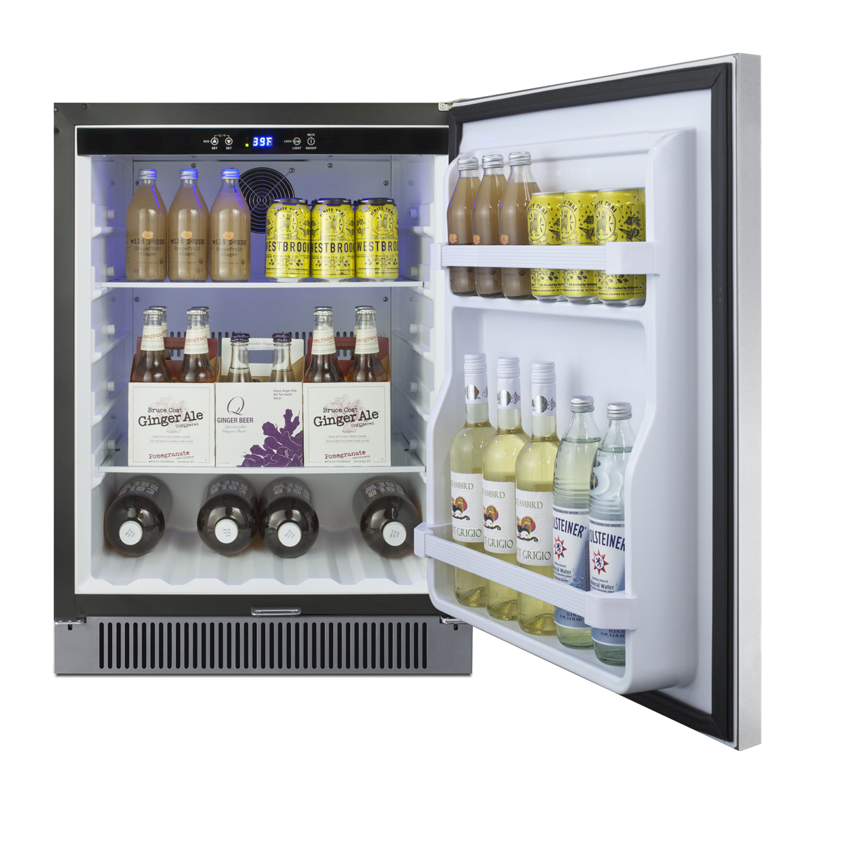 Outdoor all-refrigerator with stainless steel exterior, white interior digital thermostat, LED lighting, door storage, and lock